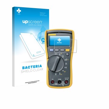 Parte frontal de un envase de producto con el logotipo de la marca upscreen. Al lado se muestra el dispositivo Fluke MultiMete