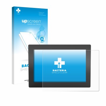 Vorderseite einer Produktverpackung mit dem Markenlogo upscreen. Daneben ist das Gerät WAGO Web Panel 400 762-3404 mit dem zug