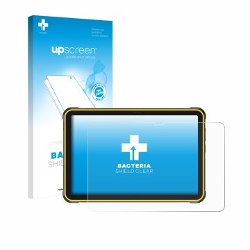 Parte frontal de un envase de producto con el logotipo de la marca upscreen. Al lado se muestra el dispositivo Ulefone RugKing