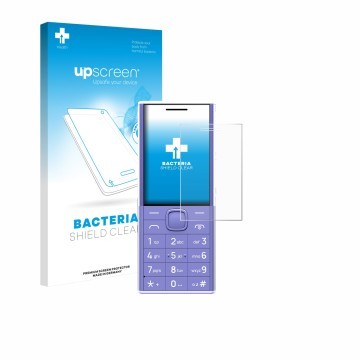 Parte frontal de un envase de producto con el logotipo de la marca upscreen. Al lado se muestra el dispositivo Nokia 150 Music