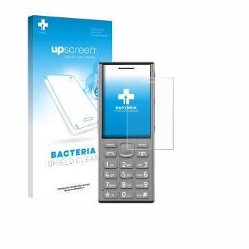 Parte frontal de un envase de producto con el logotipo de la marca upscreen. Al lado se muestra el dispositivo Nokia 130 Music