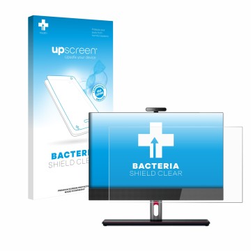 Parte frontal de un envase de producto con el logotipo de la marca upscreen. Al lado se muestra el dispositivo Lenovo ThinkCen