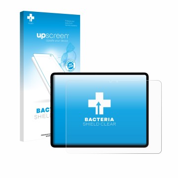 Parte frontal de un envase de producto con el logotipo de la marca upscreen. Al lado se muestra el dispositivo Apple iPad Air 