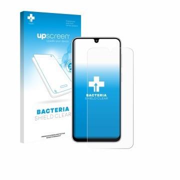 Parte frontale di una confezione del prodotto con il logo del marchio upscreen. Accanto è raffigurato il dispositivo Samsung G