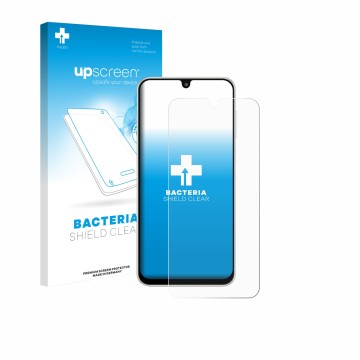 Parte frontal de un envase de producto con el logotipo de la marca upscreen. Al lado se muestra el dispositivo Samsung Galaxy 