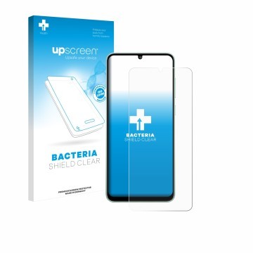 Parte frontal de un envase de producto con el logotipo de la marca upscreen. Al lado se muestra el dispositivo Samsung Galaxy 