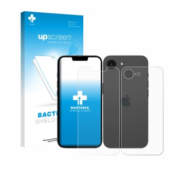 Face avant d’un emballage produit avec le logo de la marque upscreen. À côté, l’appareil Apple iPhone 17e (Avant+Arrière) est 
