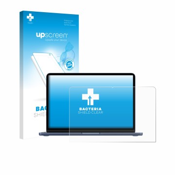 Face avant d’un emballage produit avec le logo de la marque upscreen. À côté, l’appareil Apple MacBook Neo 13