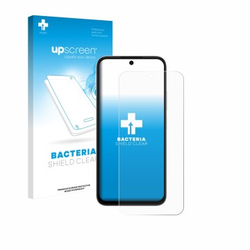 Parte frontal de un envase de producto con el logotipo de la marca upscreen. Al lado se muestra el dispositivo Oppo A6s 4G con