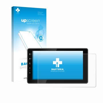 Vorderseite einer Produktverpackung mit dem Markenlogo upscreen. Daneben ist das Gerät Kenwood DMX-F920DS mit dem zugehörigen 