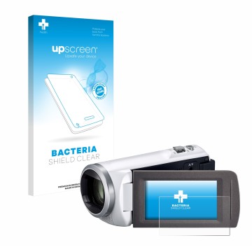 Parte frontale di una confezione del prodotto con il logo del marchio upscreen. Accanto è raffigurato il dispositivo Panasonic