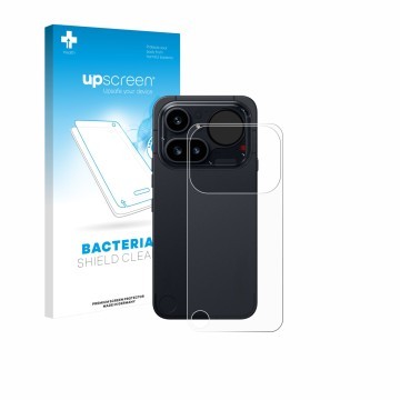 Parte frontal de un envase de producto con el logotipo de la marca upscreen. Al lado se muestra el dispositivo Nothing Phone (