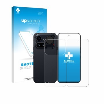 Parte frontal de un envase de producto con el logotipo de la marca upscreen. Al lado se muestra el dispositivo Nothing Phone (