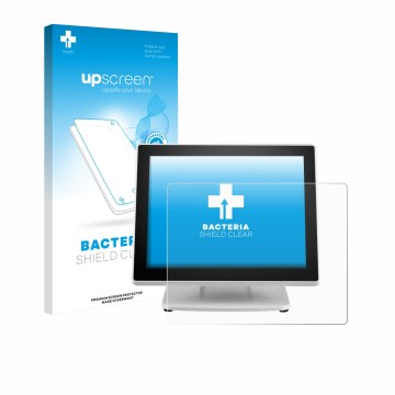 Vorderseite einer Produktverpackung mit dem Markenlogo upscreen. Daneben ist das Gerät Posiflex PS-3615-G2 mit dem zugehörigen