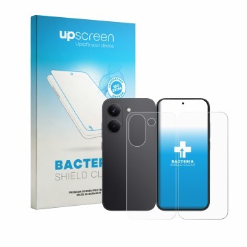 Parte frontal de un envase de producto con el logotipo de la marca upscreen. Al lado se muestra el dispositivo Xiaomi Poco X8 