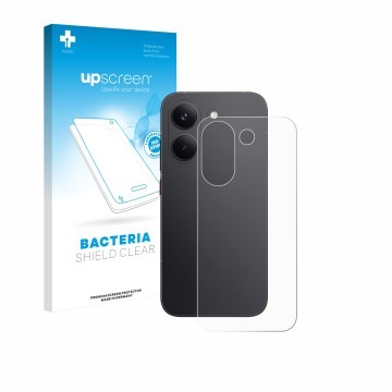 Parte frontal de un envase de producto con el logotipo de la marca upscreen. Al lado se muestra el dispositivo Xiaomi Poco X8 