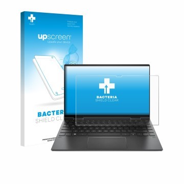 Parte frontal de un envase de producto con el logotipo de la marca upscreen. Al lado se muestra el dispositivo HP Envy x360 Co