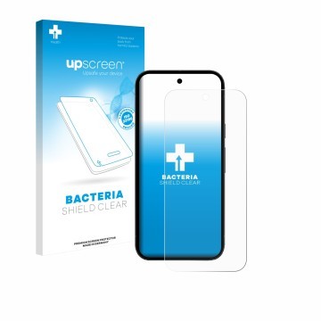 Face avant d’un emballage produit avec le logo de la marque upscreen. À côté, l’appareil Google Pixel 10a (case-friendly) est 