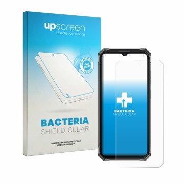 Parte frontal de un envase de producto con el logotipo de la marca upscreen. Al lado se muestra el dispositivo Oukitel G7 con 