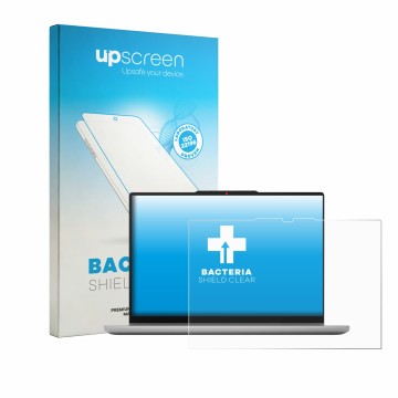 Parte frontal de un envase de producto con el logotipo de la marca upscreen. Al lado se muestra el dispositivo Lenovo IdeaPad 