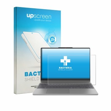 Parte frontal de un envase de producto con el logotipo de la marca upscreen. Al lado se muestra el dispositivo Lenovo IdeaPad 