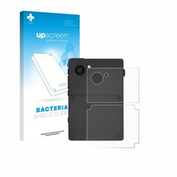 Face avant d’un emballage produit avec le logo de la marque upscreen. À côté, l’appareil Light Phone 3 (Arrière) est représent