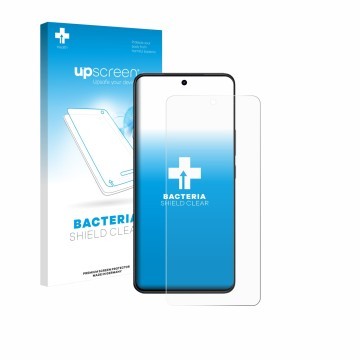 Parte frontal de un envase de producto con el logotipo de la marca upscreen. Al lado se muestra el dispositivo Vivo V60 Lite 5
