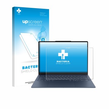 Parte frontal de un envase de producto con el logotipo de la marca upscreen. Al lado se muestra el dispositivo Lenovo Yoga Sli