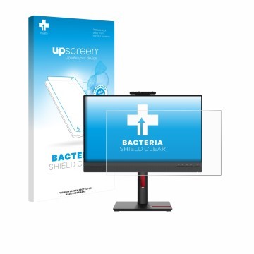 Parte frontal de un envase de producto con el logotipo de la marca upscreen. Al lado se muestra el dispositivo Lenovo ThinkCen