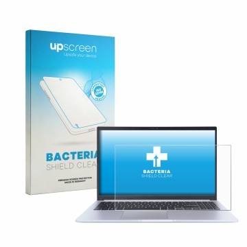 Parte frontal de un envase de producto con el logotipo de la marca upscreen. Al lado se muestra el dispositivo ASUS Vivobook 1