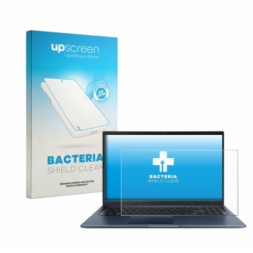 Parte frontal de un envase de producto con el logotipo de la marca upscreen. Al lado se muestra el dispositivo ASUS Vivobook 1