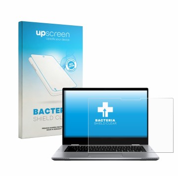 Parte frontal de un envase de producto con el logotipo de la marca upscreen. Al lado se muestra el dispositivo ASUS Chromebook