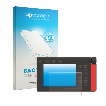 Parte frontal de un envase de producto con el logotipo de la marca upscreen. Al lado se muestra el dispositivo Müller Elektron