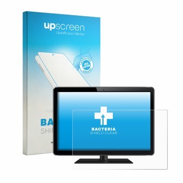 Vorderseite einer Produktverpackung mit dem Markenlogo upscreen. Daneben ist das Gerät mit dem zugehörigen Displayschutz abgeb