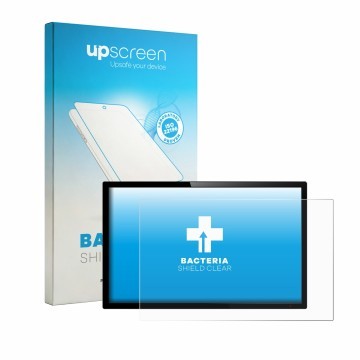 Parte frontal de un envase de producto con el logotipo de la marca upscreen. Al lado se muestra el dispositivo con su protecto