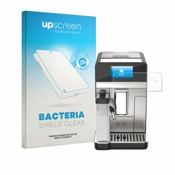 Parte frontal de un envase de producto con el logotipo de la marca upscreen. Al lado se muestra el dispositivo DeLonghi Eletta