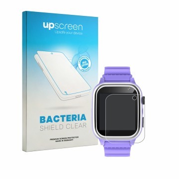Vorderseite einer Produktverpackung mit dem Markenlogo upscreen. Daneben ist das Gerät kaacly Kids Smartwatch 1.44