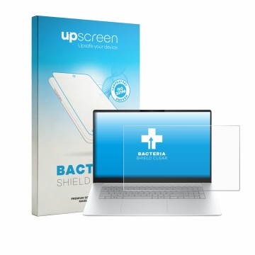 Parte frontal de un envase de producto con el logotipo de la marca upscreen. Al lado se muestra el dispositivo HP OmniBook 3 1