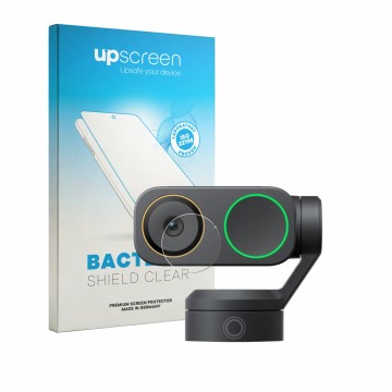Face avant d’un emballage produit avec le logo de la marque upscreen. À côté, l’appareil Insta360 Link 2 Pro (Lentille) est re