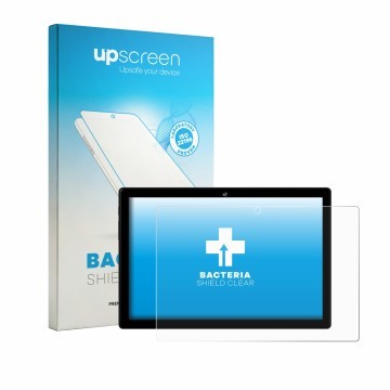 Face avant d’un emballage produit avec le logo de la marque upscreen. À côté, l’appareil Crelander T40 10.1