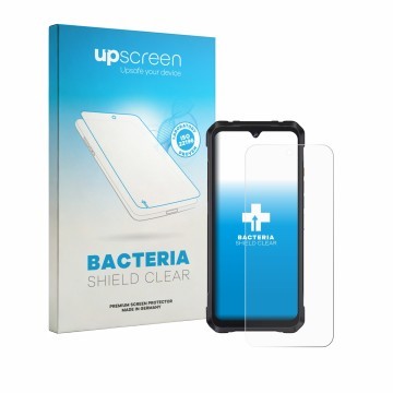 Parte frontal de un envase de producto con el logotipo de la marca upscreen. Al lado se muestra el dispositivo Cubot King Kong