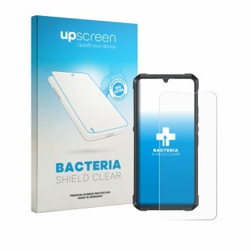 Parte frontal de un envase de producto con el logotipo de la marca upscreen. Al lado se muestra el dispositivo Cubot King Kong