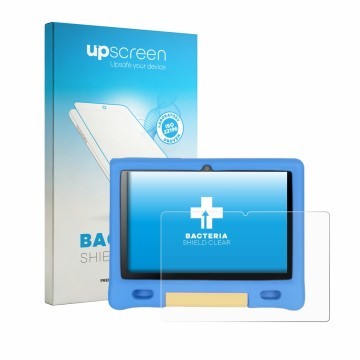 Parte frontal de un envase de producto con el logotipo de la marca upscreen. Al lado se muestra el dispositivo Bufo Kids Table