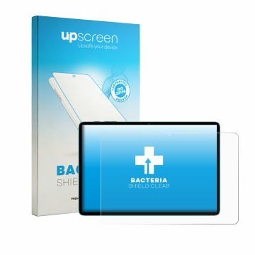 Parte frontal de un envase de producto con el logotipo de la marca upscreen. Al lado se muestra el dispositivo Teclast P33 con