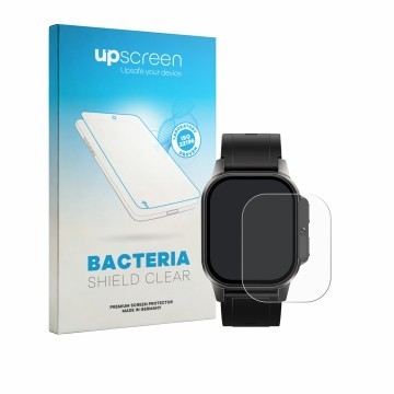 Parte frontal de un envase de producto con el logotipo de la marca upscreen. Al lado se muestra el dispositivo Domino Watch DM