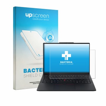 Parte frontal de un envase de producto con el logotipo de la marca upscreen. Al lado se muestra el dispositivo Lenovo ThinkPad