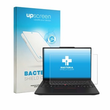 Parte frontal de un envase de producto con el logotipo de la marca upscreen. Al lado se muestra el dispositivo Lenovo ThinkPad