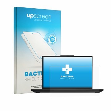 Parte frontal de un envase de producto con el logotipo de la marca upscreen. Al lado se muestra el dispositivo Lenovo ThinkPad