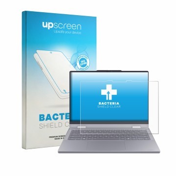 Parte frontal de un envase de producto con el logotipo de la marca upscreen. Al lado se muestra el dispositivo Lenovo ThinkBoo