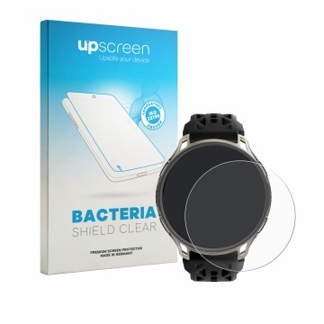 Parte frontal de un envase de producto con el logotipo de la marca upscreen. Al lado se muestra el dispositivo Amazfit Cheetah